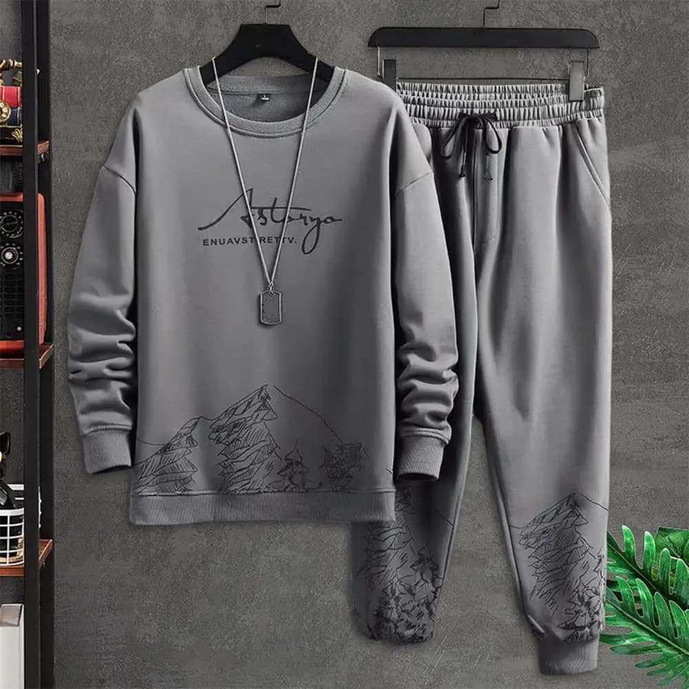 Men Activewear 2-piece Set Mountain Print Men's Casual Tracksuit Set with O-neck Sweatshirt Drawstring Jogger Pants for Autumn