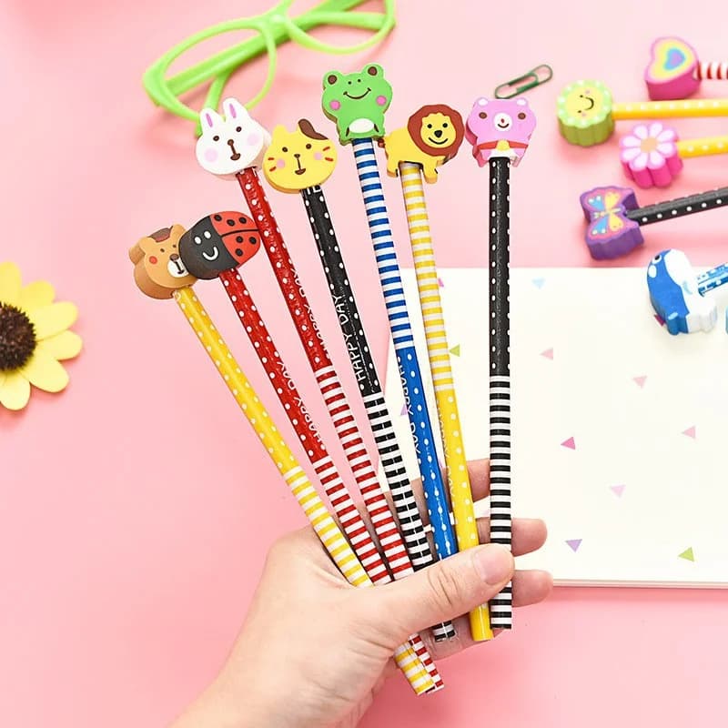 Cartoon Animals HB Pencil Wooden Pencil with Removable Eraser Cute Erasable Corrector 40pcs Randomly