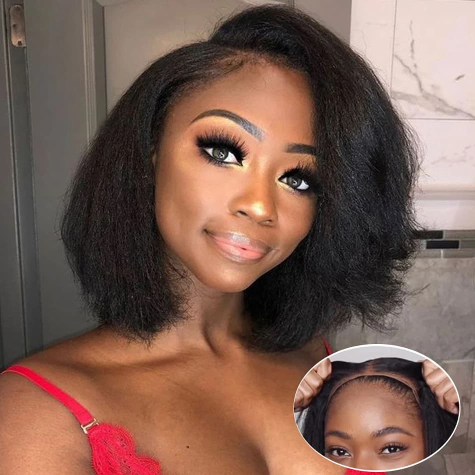Glueless Kinky Straight Lace Frontal Bob Wig Yaki Bob Wig Pre Cut Human Hair Brazilian For Women Perruque Raw Haïr Wear And Go