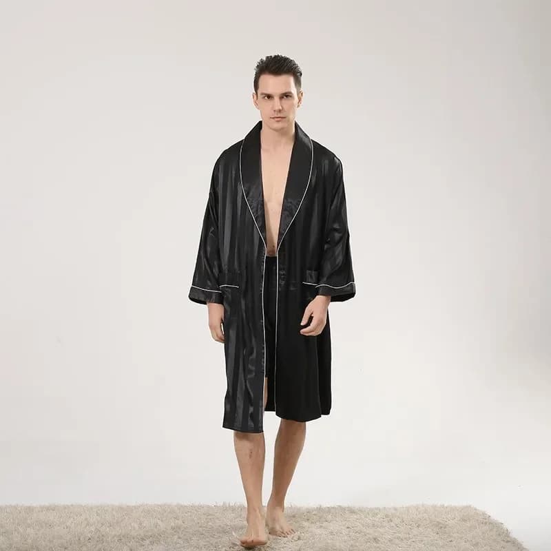Men's Summer Silk Dressing Gowns Thin Striped Jacquard Long-sleeved Pajamas
