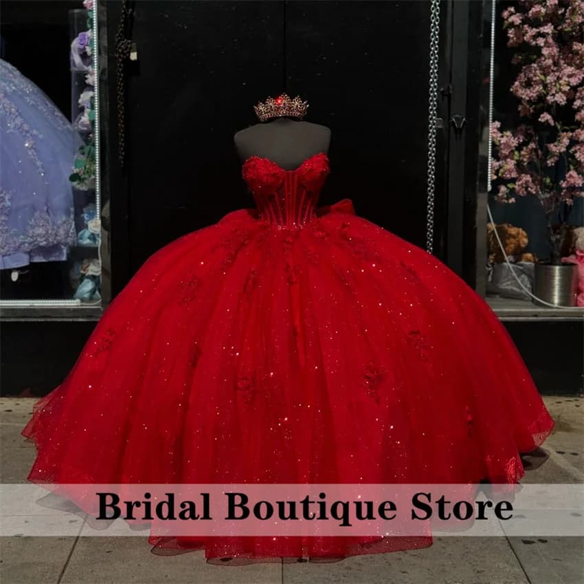 Sparkly Red Quinceanera Dress Sweet 16 Ball Gown Luxury Bead Floral Princess Graduation Gown Vestidos De XV Anos Customized