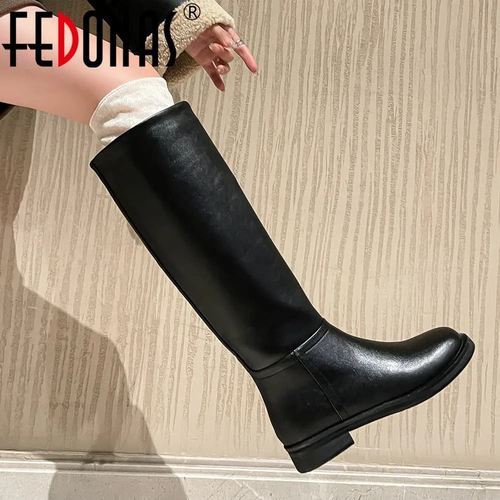FEDONAS Women Knee High Boots Low Heels Round Toe Genuine Leather Shoes Woman Autumn Winter Mature Casual Office Lady High Boots