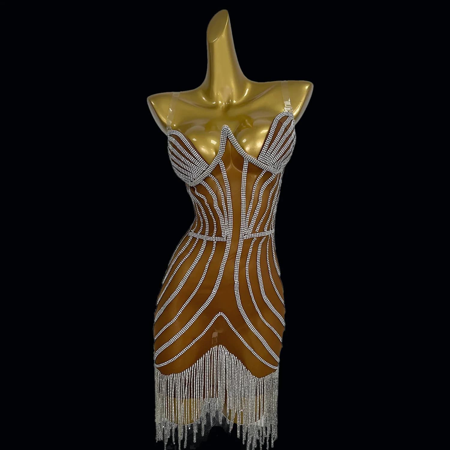 European American Sexy Diamond Camisole Dress Diamond Tassel Evening Gown Nightclub Bar Singer Performance Costume