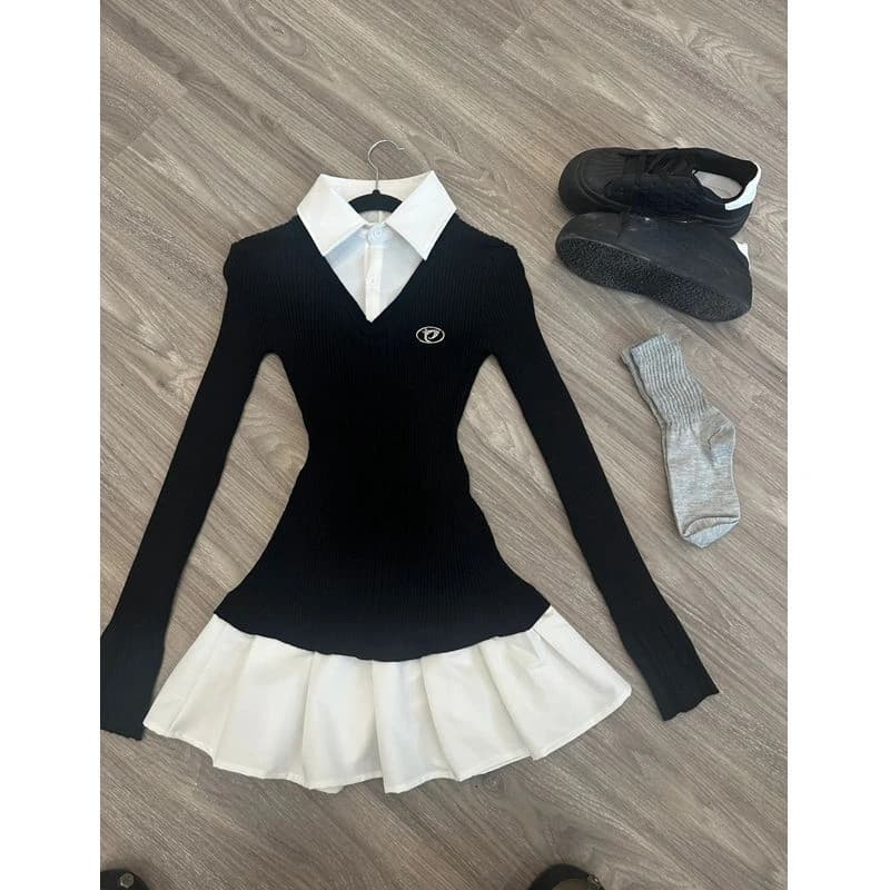 Spring American Vintage Shirt Pleated Dresses Women Clothing Slim Fit Polo Neck Long Sleeve Wool Black Short Party Dress Korean