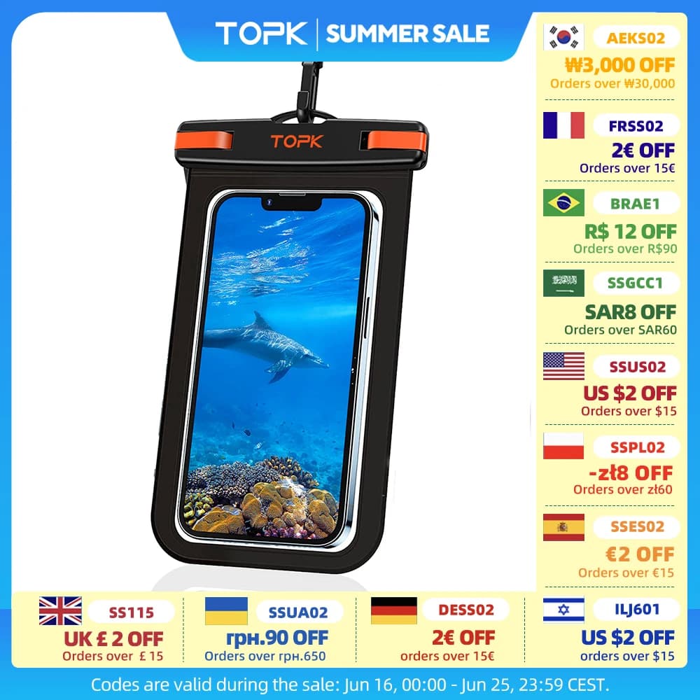 TOPK E01 Waterproof Phone Pouch,Universal IPX8 Waterproof Phone Case Dry Bag with Lanyard for iPhone Samsung Up to 7.0 inch