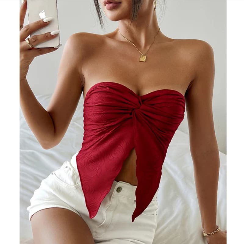 Summer Y2K Women's Sexy Twist Front Asymmetrical Hem Strapless Bandeau Crop Top Casual Tube Tops for Party Club Night Clothes