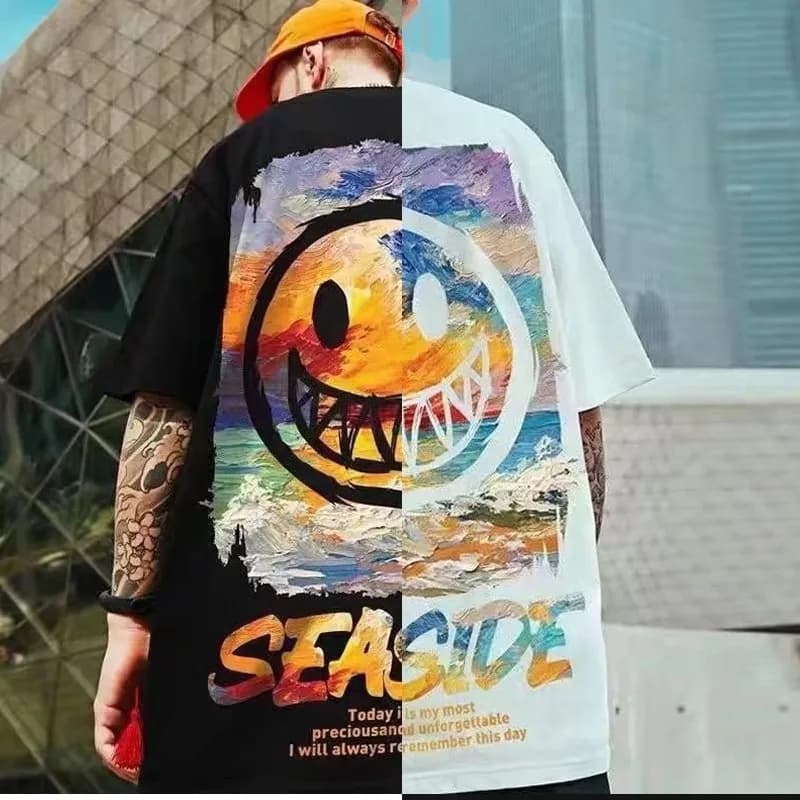 8XL Loose Fitting Trend American Vintage Graffiti Expressi Pattern Printed T-shirt with Soft Casual Men Versatile Couple Outfit