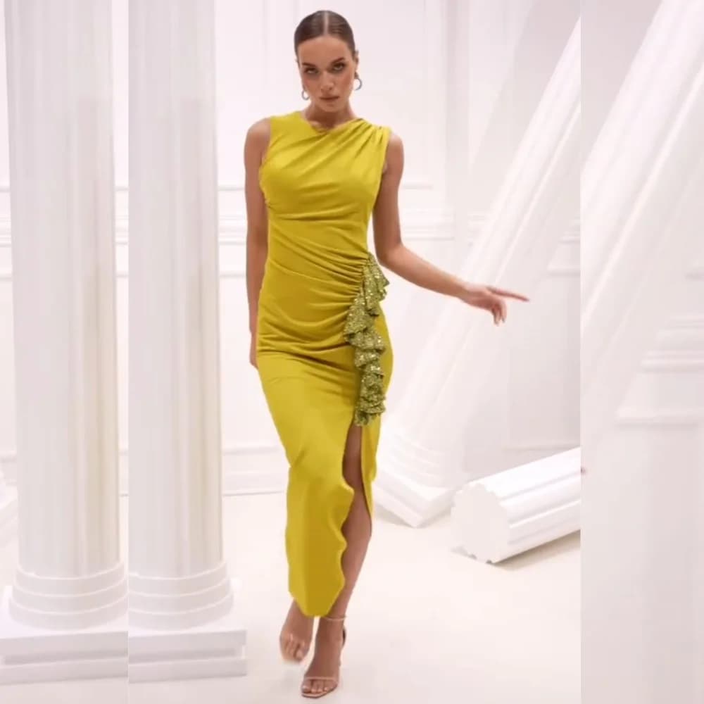 Customized Simple Jersey Sequined Pleat Sheath Jewel Midi Dresses Cocktail Dresses High Quality Exquisite Elegant Fashion Chines