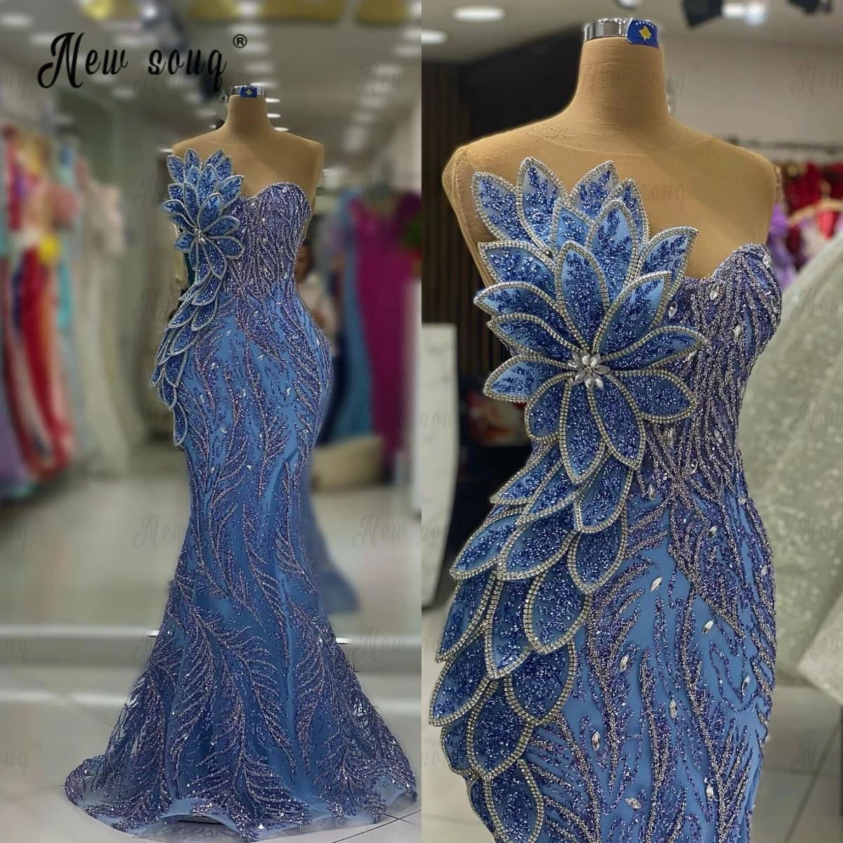 Blue Long 5D Leaf Wedding Party Dress Long Mermaid Formal Prom Dresses Customized Elegant Aso Ebi Pageant Evening Night Dresses