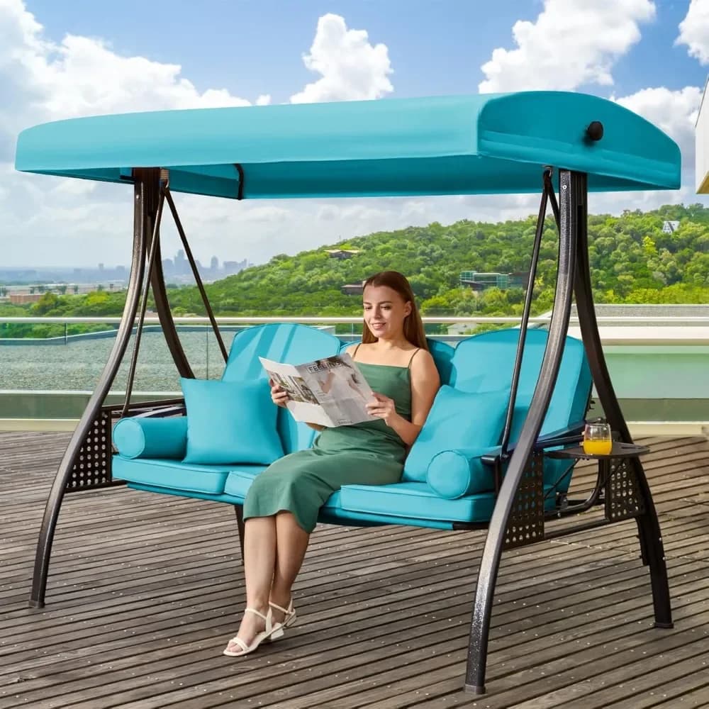 Outdoor Porch Swing with Adjustable Canopy, 3 Seat Outdoor Swing for Adults, Patio Swing Chair with Thickened Cushions