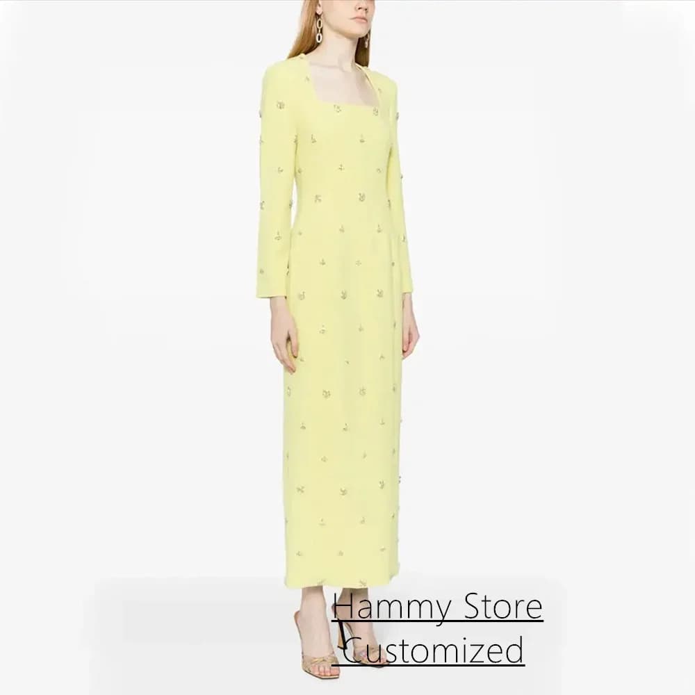 Yellow Prom Dress Customized Full Sleeves Square Neck Crystal Sheath Formal Party Gown Back Slit Arab Evening Dresses