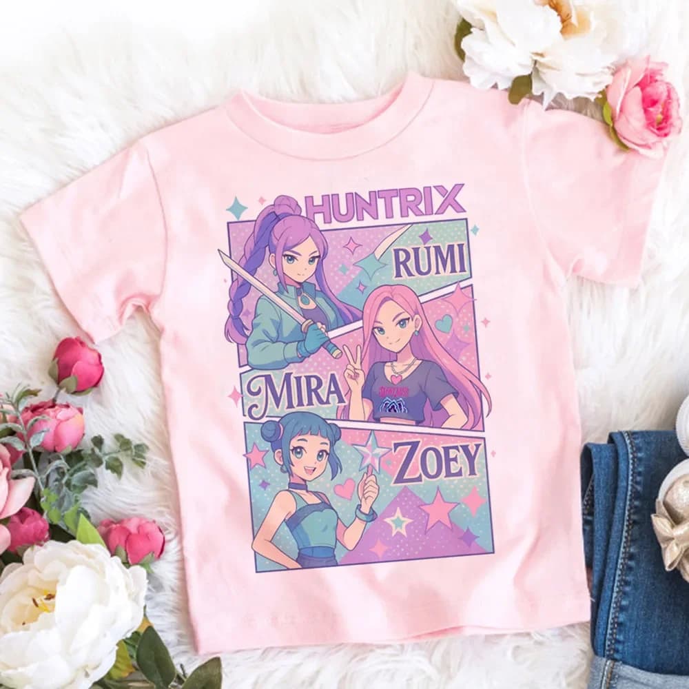 2025 Summer Kpop Demon Hunters T Shirt Kids Cartoon Anime Meme Print Clothes Round Neck Basic Boys Tops Casual Shirts Gift