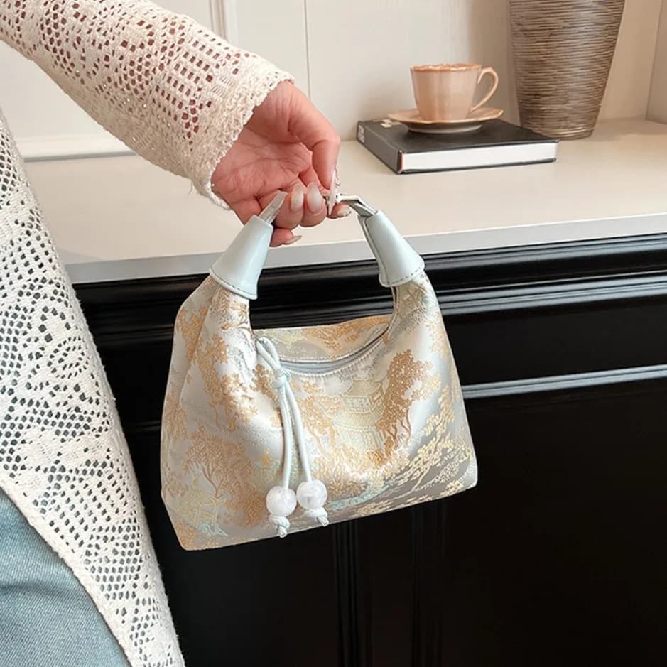 4 Colors Embroidered Chinese Style Handbag Zipper Canvas Pea Purses Adjustable Luxury Cheongsam Bag Work