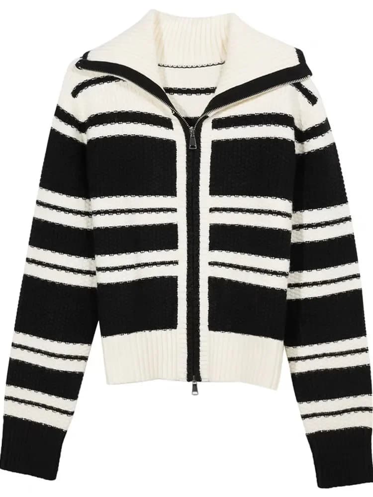 Zip-up Striped Knit Cardigan Sweater Women Casual Fashion Chic Ladies Knitwear Tops 2024 Spring Long Sleeve Elegant Jumpers