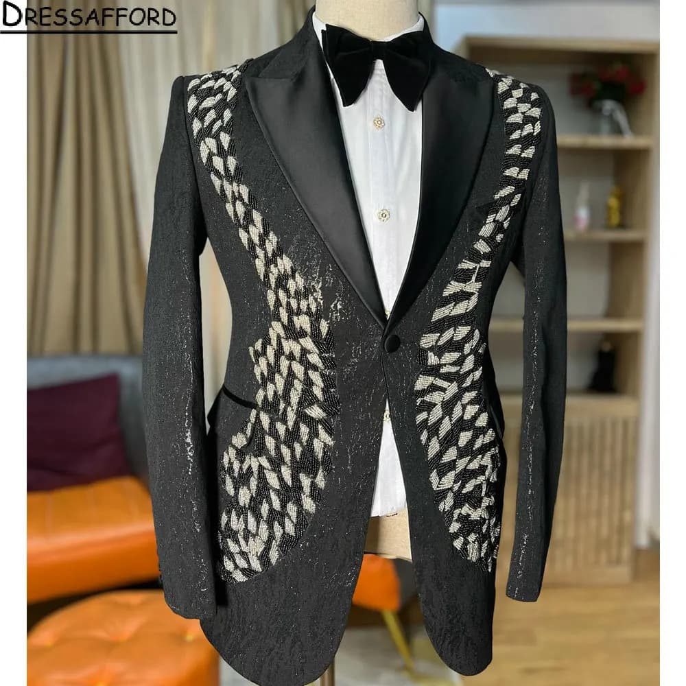 Black Handmade Beading Formal Men Suits 2 Piece Fashion Business Casual Wear Party Wedding Groom Tuxedo Jacket And Pants