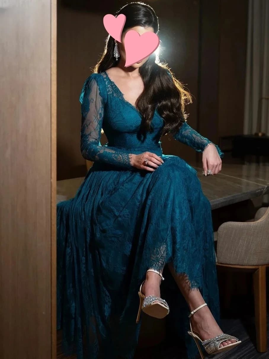 Teal Lace Long Sleeves Bespoke Occasion Gown Evening Dresses Prom Pastrol Unisex Jersey Retro Dubai Saudi Arabic Customized