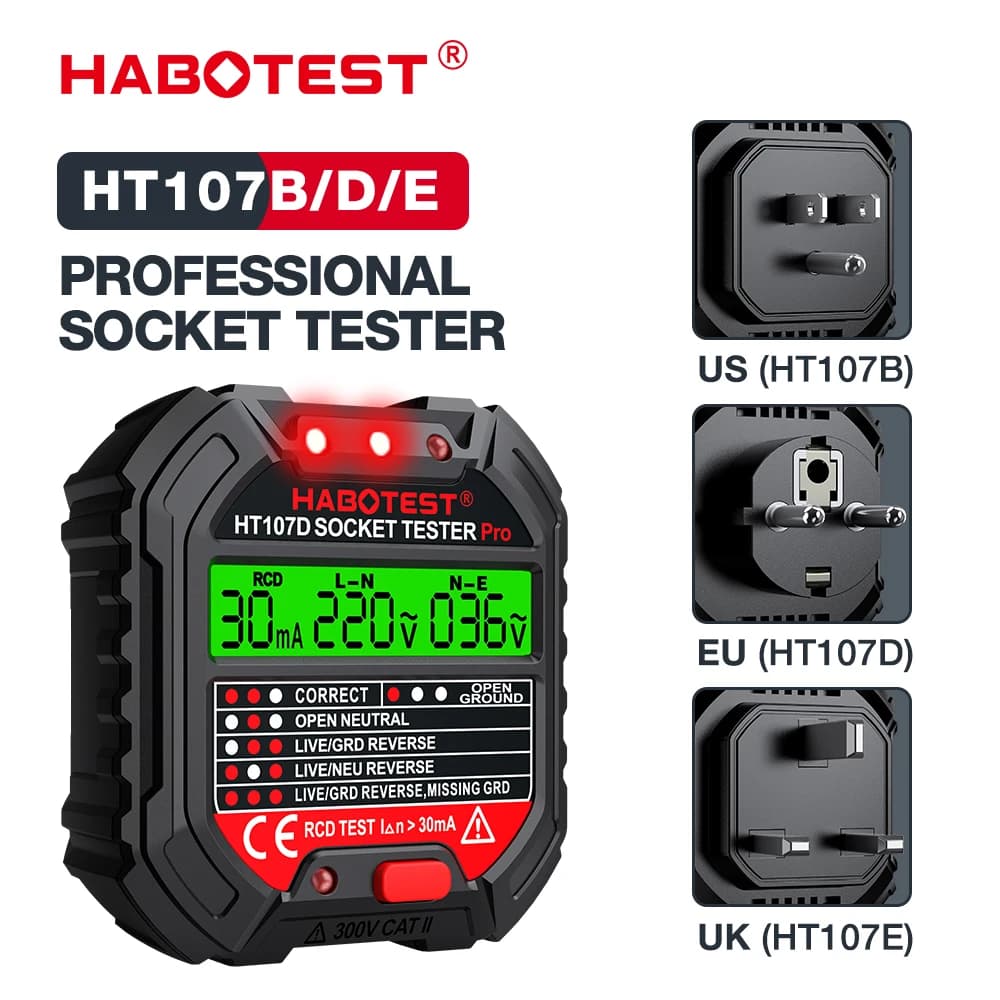 HABOTEST HT107 Pro Socket Tester Voltage Digital Outlet Test Socket Detector EU Plug Ground Zero Line Plug Polarity Phase Check
