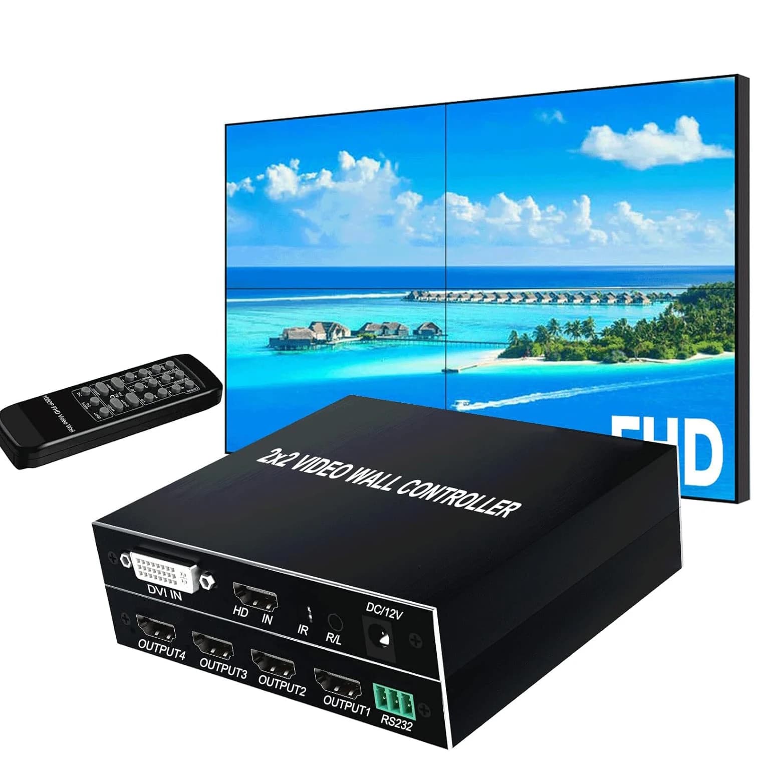 2X2 Video Controller HD DVI 1080P 60Hz Output Wall Processor IR RS232 TV Splicing Box 180 Degree Rotate 1X2 1X3 1X4 2X1 3X1 4x1