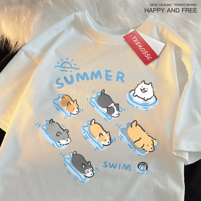 Fun Cat And Dog Swimming Japanese Style T-Shirt Female Casual Loose T-Shirts Summer Cotton Tops Fashion Breathable Tee Clothing