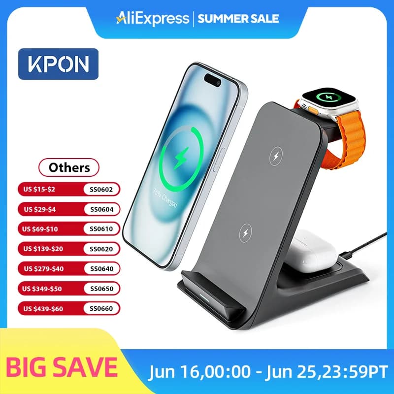 KPON 3 in 1 Wireless Charger Stand Fast Charging Station Dock For iPhone 16/15/14/13 Pro Max Apple iWatch 9/8/7/6/5 Airpods 3/2