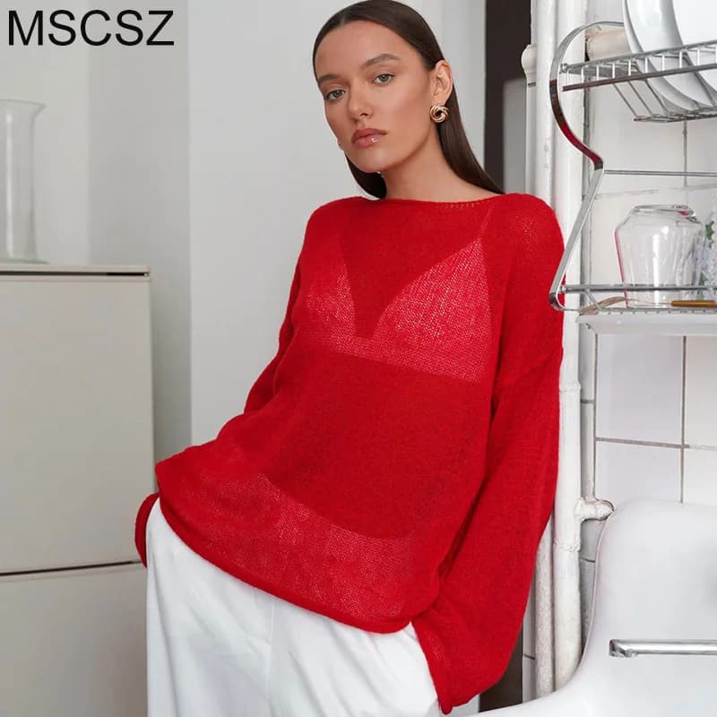 MSCSZ Red Long Sleeve Oversized Sweater Women Transparent Knitted Sweater 2025 Spring Fall Cozy Sweaters Pullover Tops