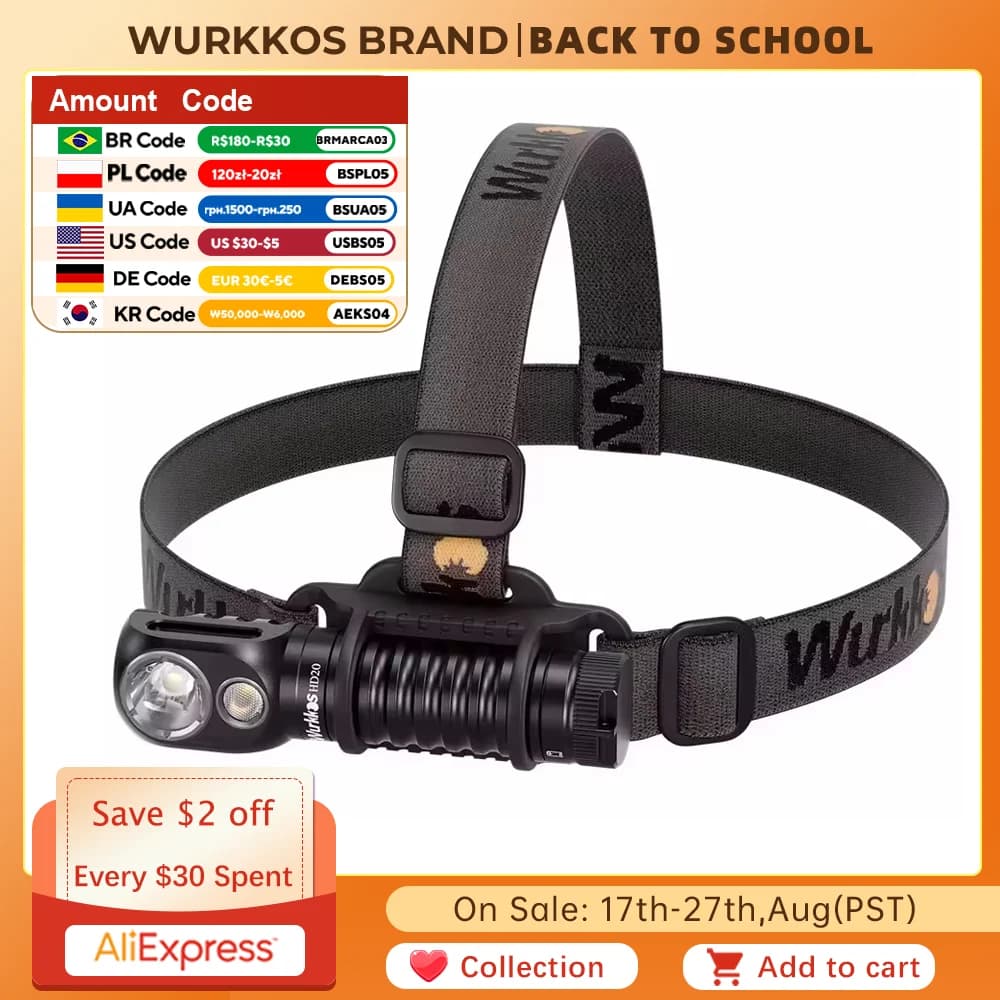 Wurkkos HD20 Headlamp Rechargeable 21700 Headlight 2000lm Dual LED LH351D XPL USB Reverse Charge Magnetic Tail Work Camp Light