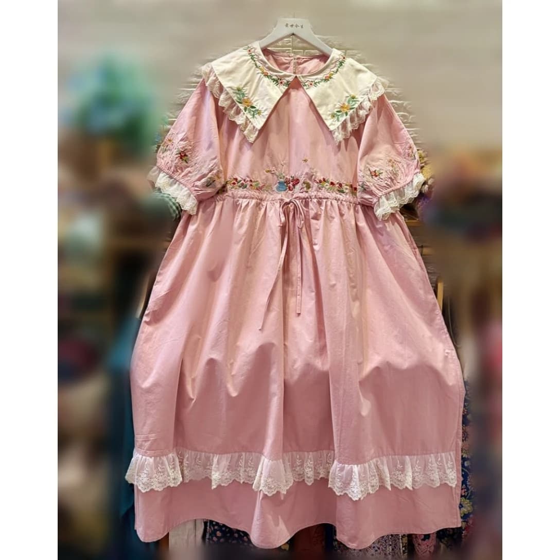Japanese Mori Girl Female Cotton Embroidery Ruffled Lace Tunic Midi Dress 2025 Summer Lolita Sweet Kawaii Cute Tea Length Dress