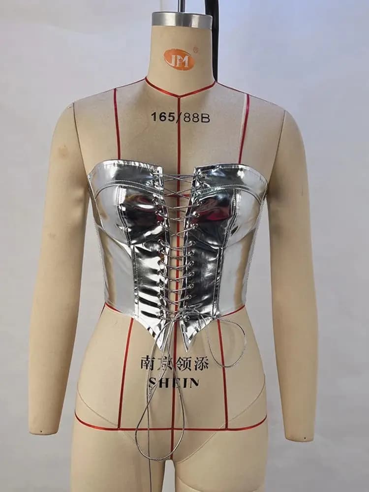 Glossy Shiny Faux PU Leather Bustier Crop Top Eyelets Rivets Lace Up Bandage Camis Corset Tights Sexy Clubwear Tank Vest Cropped