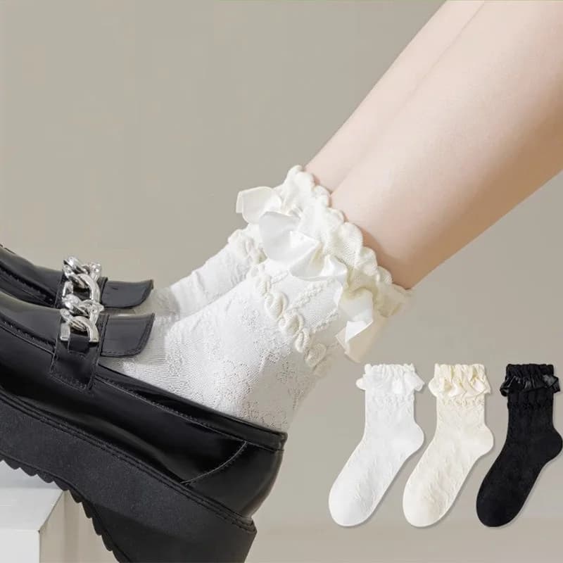 3 Pairs Woman Lolita Cute Black White Socks Set Spring Summer Female Lady Girls Lace Kawaii Socks For Women