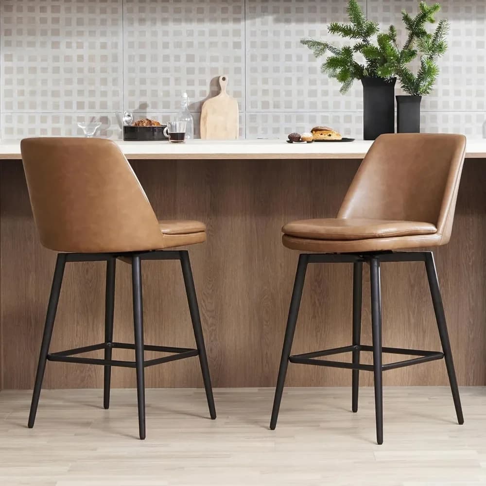 Counter Height Swivel Barstools, Upholstered Faux Leather Bar Stools Set of 2, 27.2" Seat Height, Saddle Brown Bar Stools