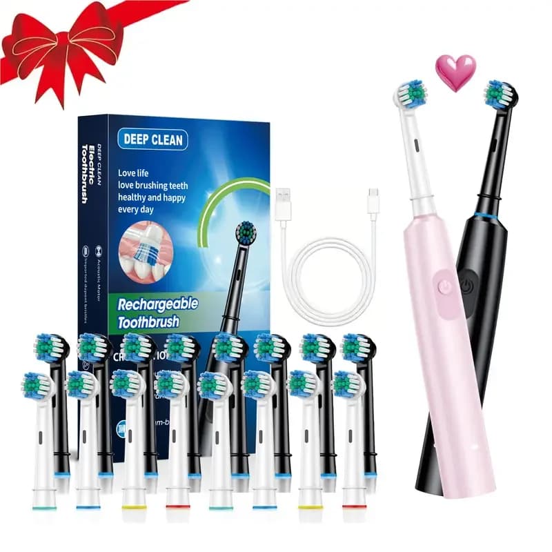 Round Rotating Electric Toothbrush for Adults, Soft Bristles, 5 Cleaning Modes, USB Rechargeable, with 4/8 Replacement Heads