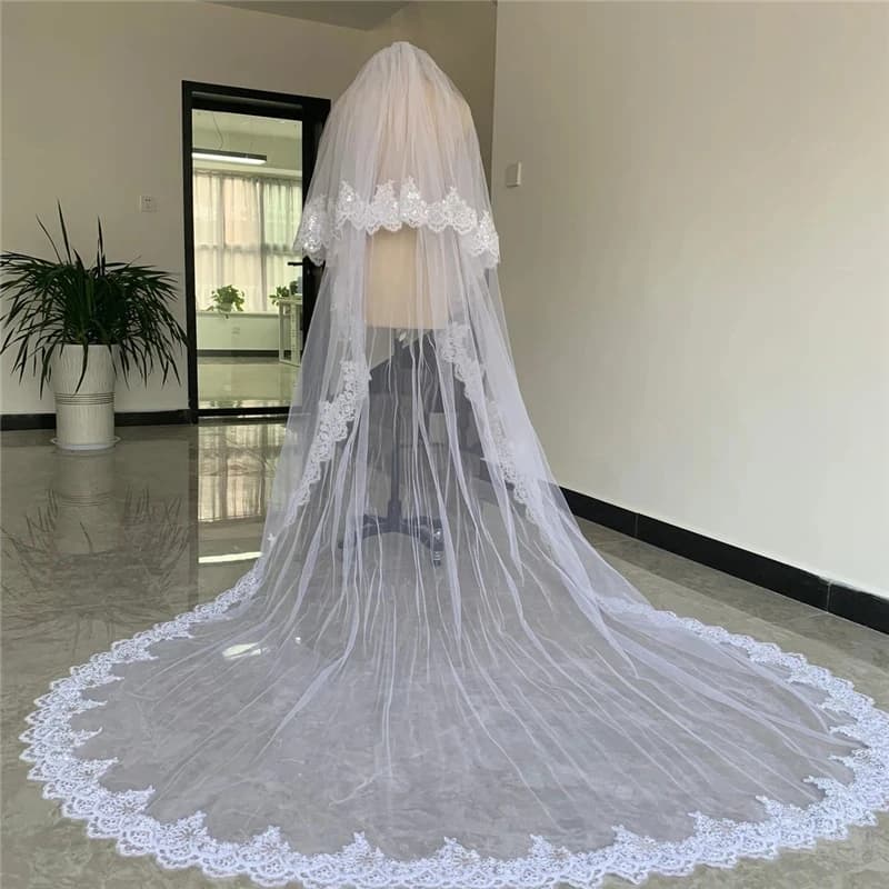 Real Photos 2 Layers Sequins Lace 3M 4M 5M Cathedral Woodland Wedding Veils with Comb 3M Long White Ivory 2 T Bridal Veils