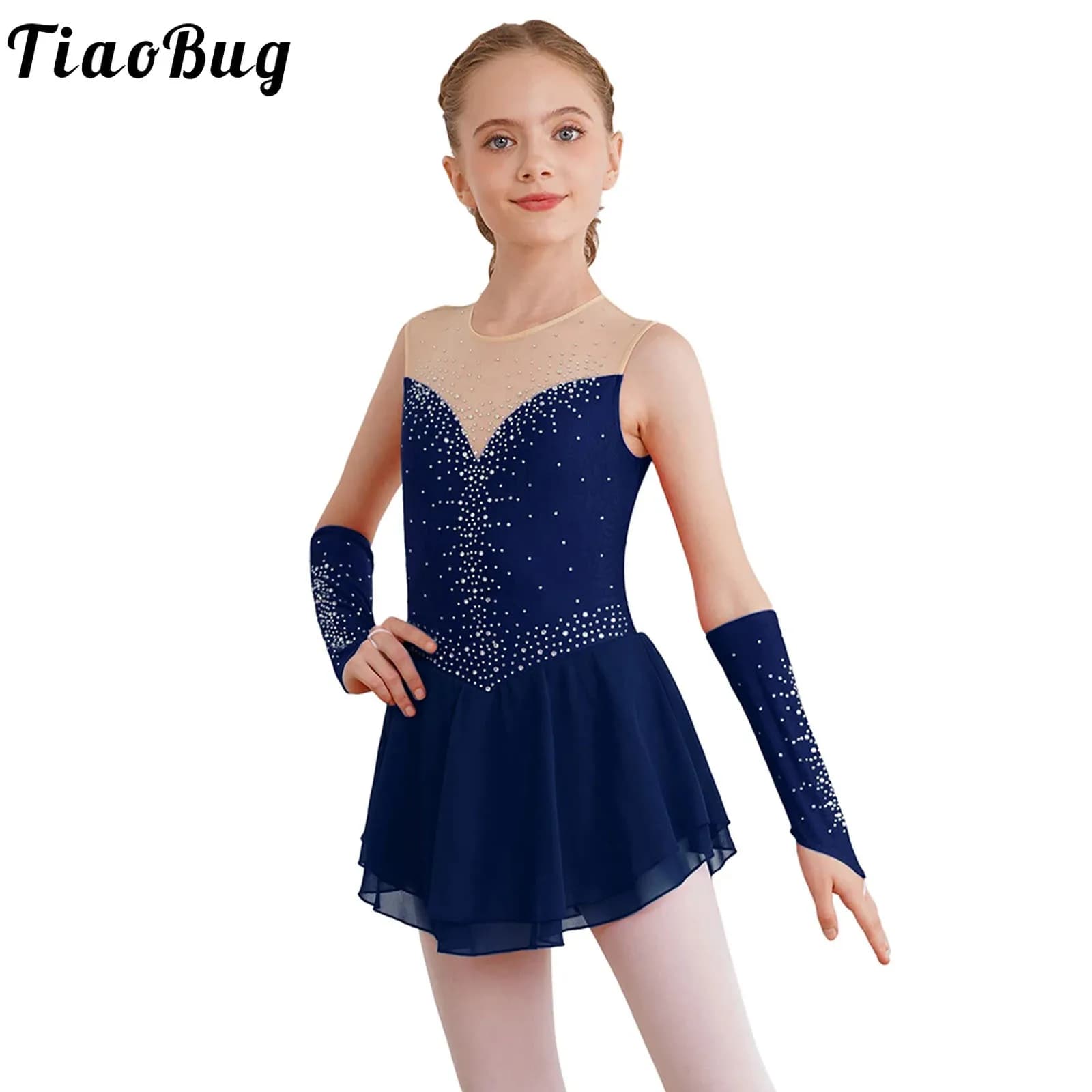 Kids Girl Figure Skating Dress Mesh Sleeveless Rhinestone Ballet Rhythmic Gymnastics Leotard Dress+Gloves Set Ballroom Dancewear