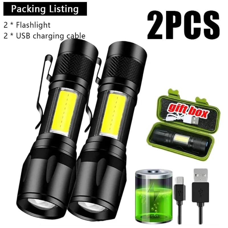 Mini LED Flashlight COB+XPE Portable Torch USB Charging Camping Lantern Zoomable Focus Light Tactical Flashlight with Pen Clip