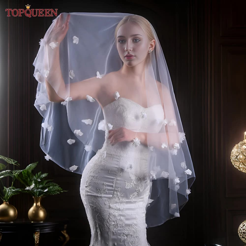 TOPQUEEN Two Layer Wedding Veil 3d Flowers Wedding Veil with Blusher Veu of Short Wedding can Cover Face Bride Accessories V111