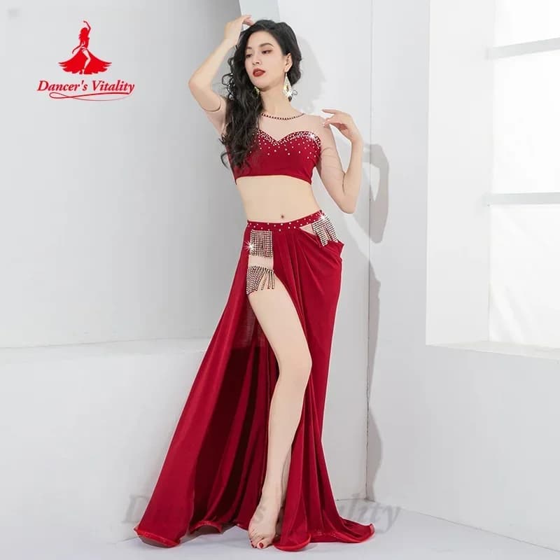 Belly Dancing Performance Costume Set Women's AB Stones Top+tassel Long Skirt 2pcs Oriental Belly Dancing Professional Outfit