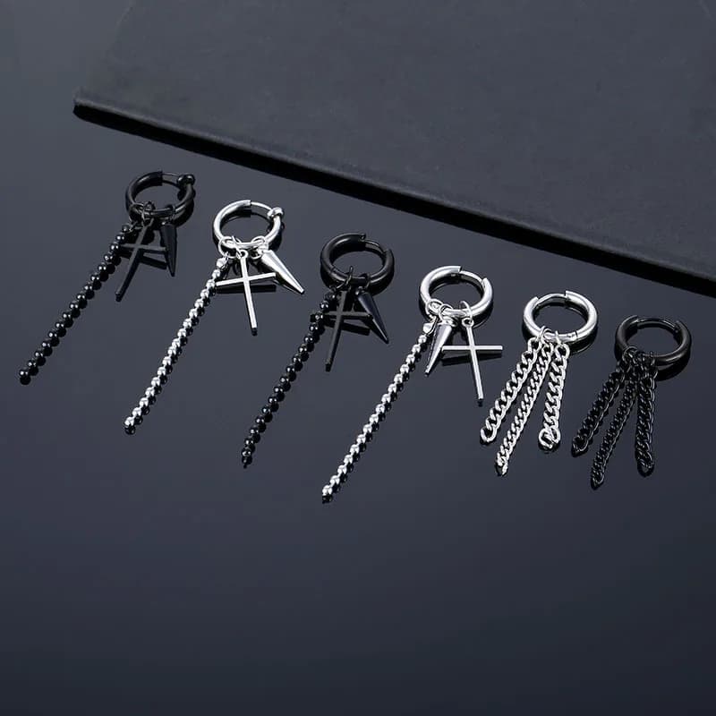 1PC Women Mens Stainless Steel Earrings Trendy Simple Punk Dangle Earrings Gothic Hip Hop Tapered Cross Chain Steel Earrings