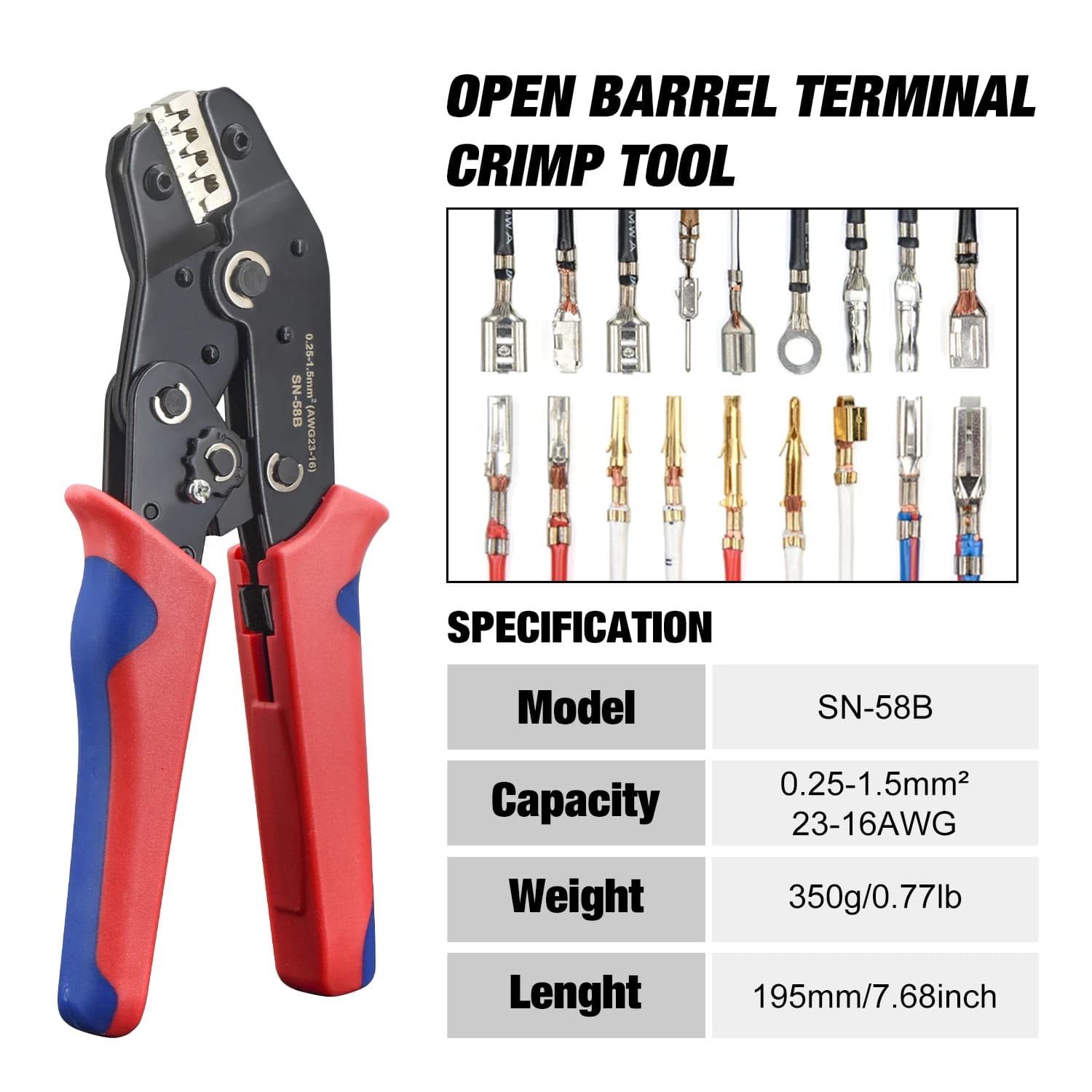 Non-insulated Open Barrel Crimping Tool SN-58B 23-16 AWG /0.25-1.5mm², Dupont Molex JST TE Terminals & EPC PCIE SATA Pins