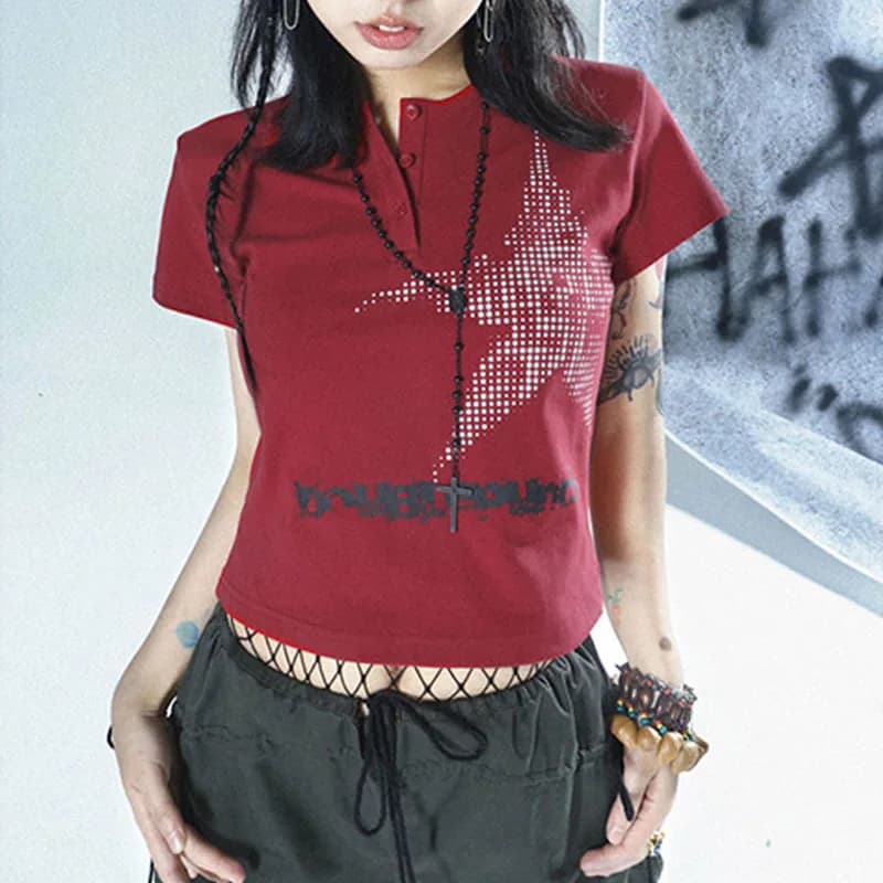 Harajuku Crop Top Japanese Style Star Pattern Round Neck Short Sleeve T Shirts Graphic Tee y2k Women Clothes Streetwear
