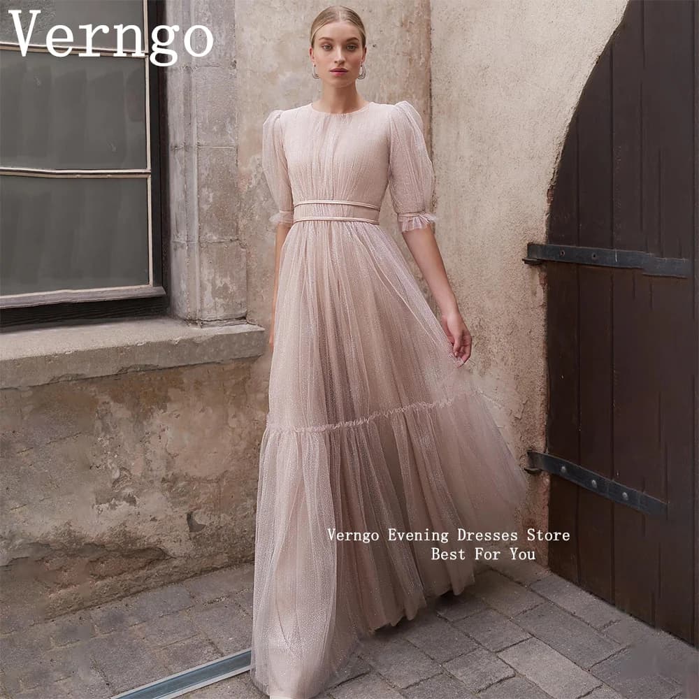Verngo Glitter Tulle Prom dresses Light Pink Sparkle Wedding Party Dress 2024 Short Sleeves A Line Party Dress woman customized