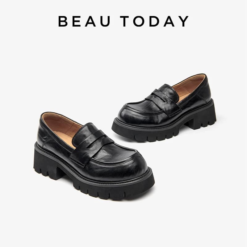 BEAUTODAY Platform Loafers Women Embossing Cow Leather Dress Shoes Ladies Slip-on Flats Spring Autumn Handmade 26635