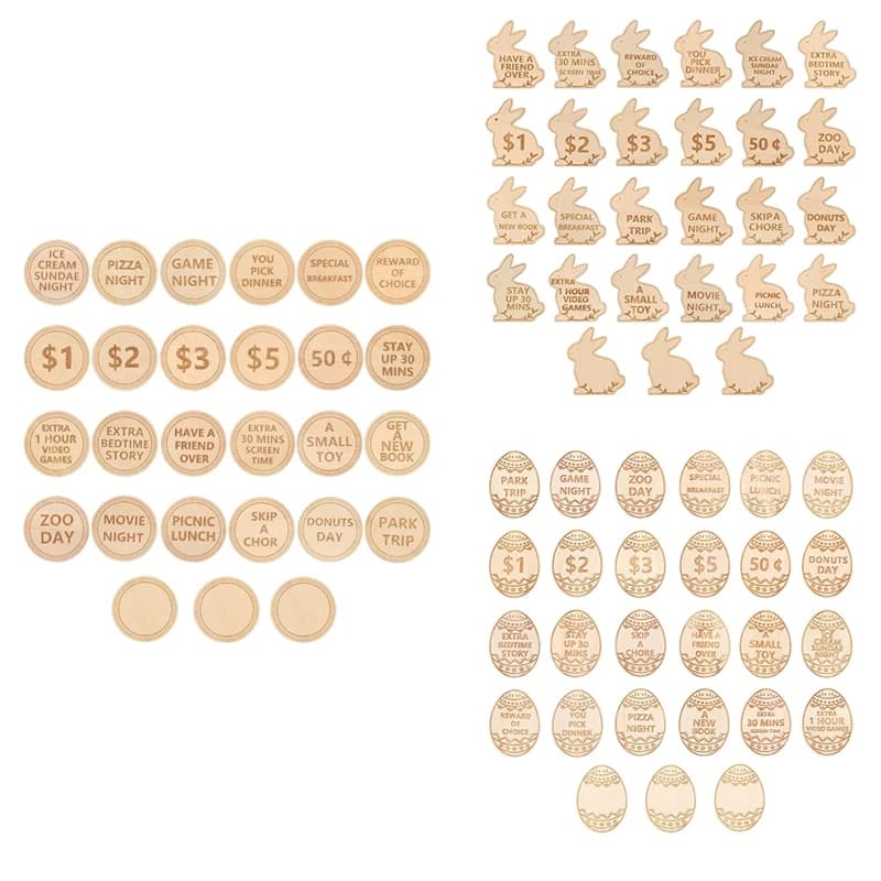 Kids Easter Egg Fillers- Wooden Easter Reward Tokens, Easter Prizes Stuffers Coins, Family Night Tokens, Unique Family