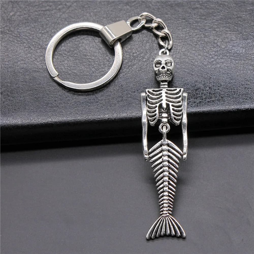 Souvenirs Gift Men Keychain 2 Colors 18x74mm Mermaid Skull Pendant Keyring DIY Metal Holder Chain