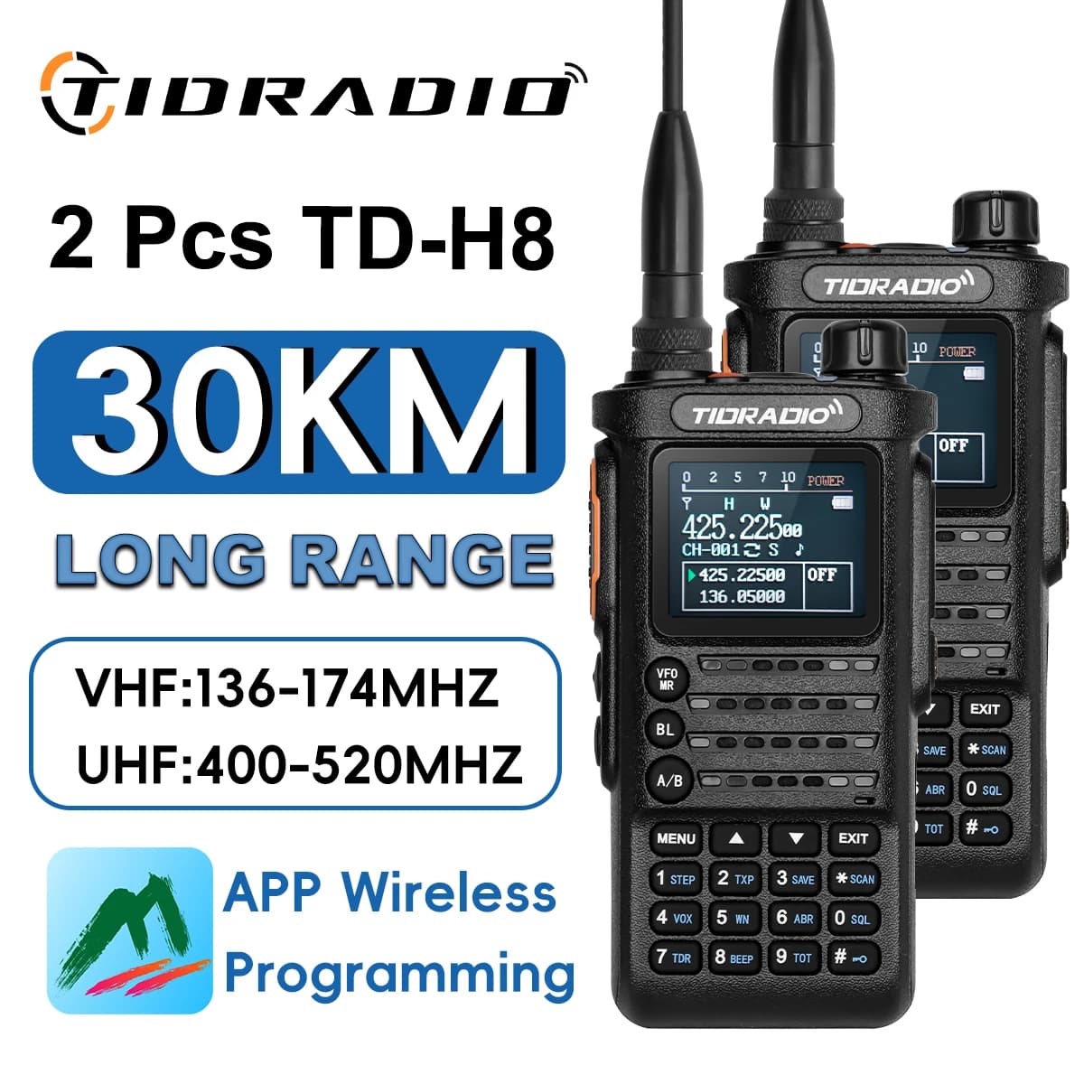 TIDRADIO 2PCS 2nd Gen TD-H8 10W Professional Walkie Talkie Portable Long Range Radio Phone Wireless Programmable Type-C Charge
