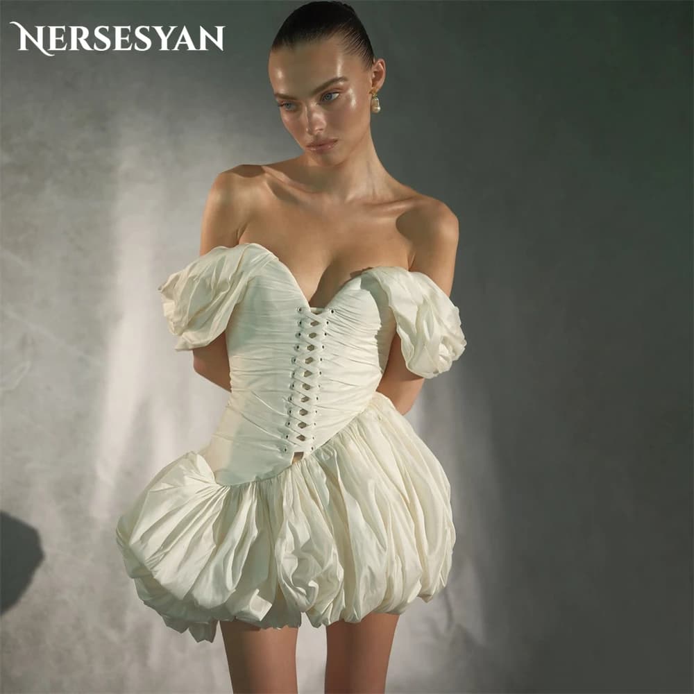 Nersesyan Sexy Short Cocktail Party Gowns Off Shoulder Pleats Puffy Off Shoulder Prom Dress Backless Satin Ball Dress Customized