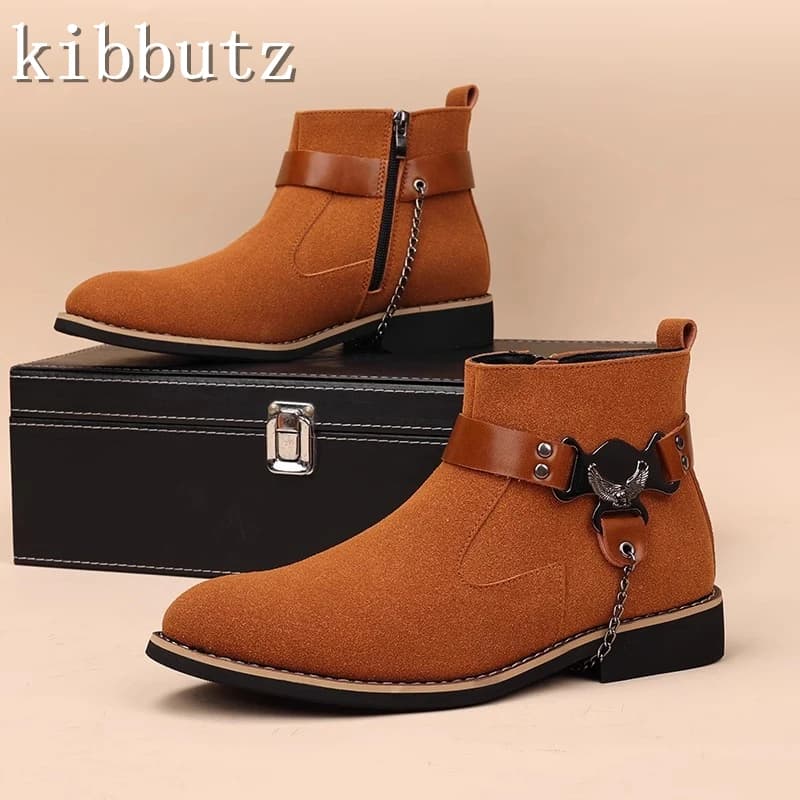 Desinger New Chains Buckle Men Ankle Boots Pointed Toe Suede Leather British Rock Boots Casual Party Nightclub Shoes