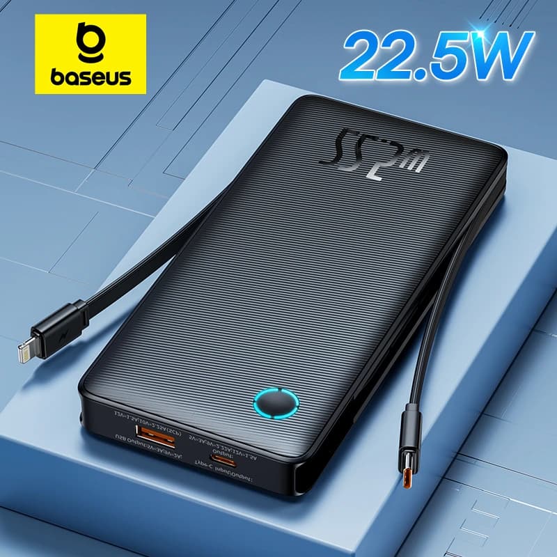 Baseus 22.5W Power Bank 10000mAh with Two Built-in Cables PD Fast Charging For iPhone 16 15 Pro Max, Charge 4 Devices at Once