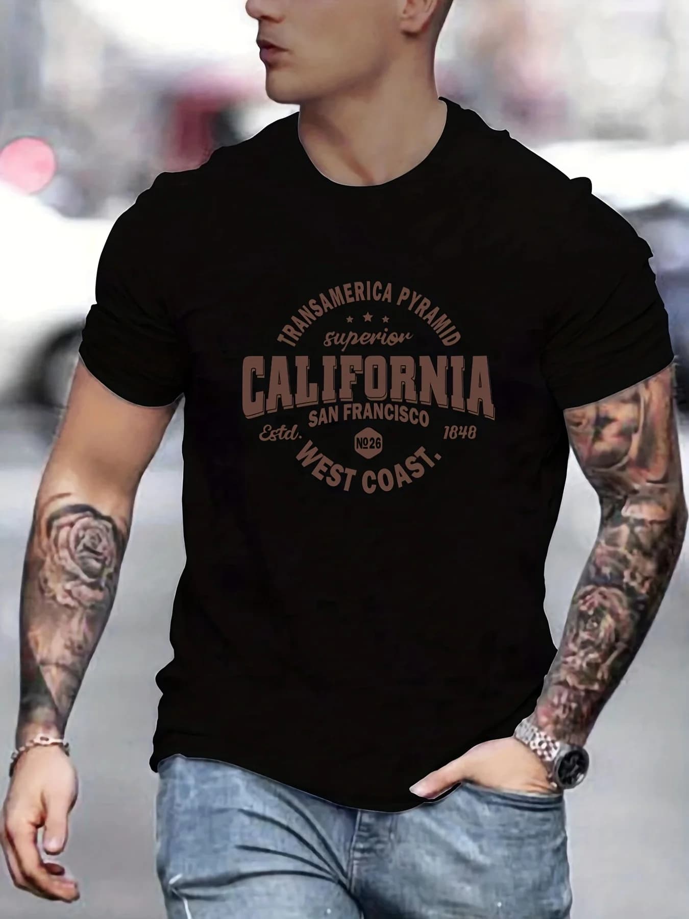 Men's 100% cotton casual sports loose fit California West Coast print round neck short sleeved T-shirt top