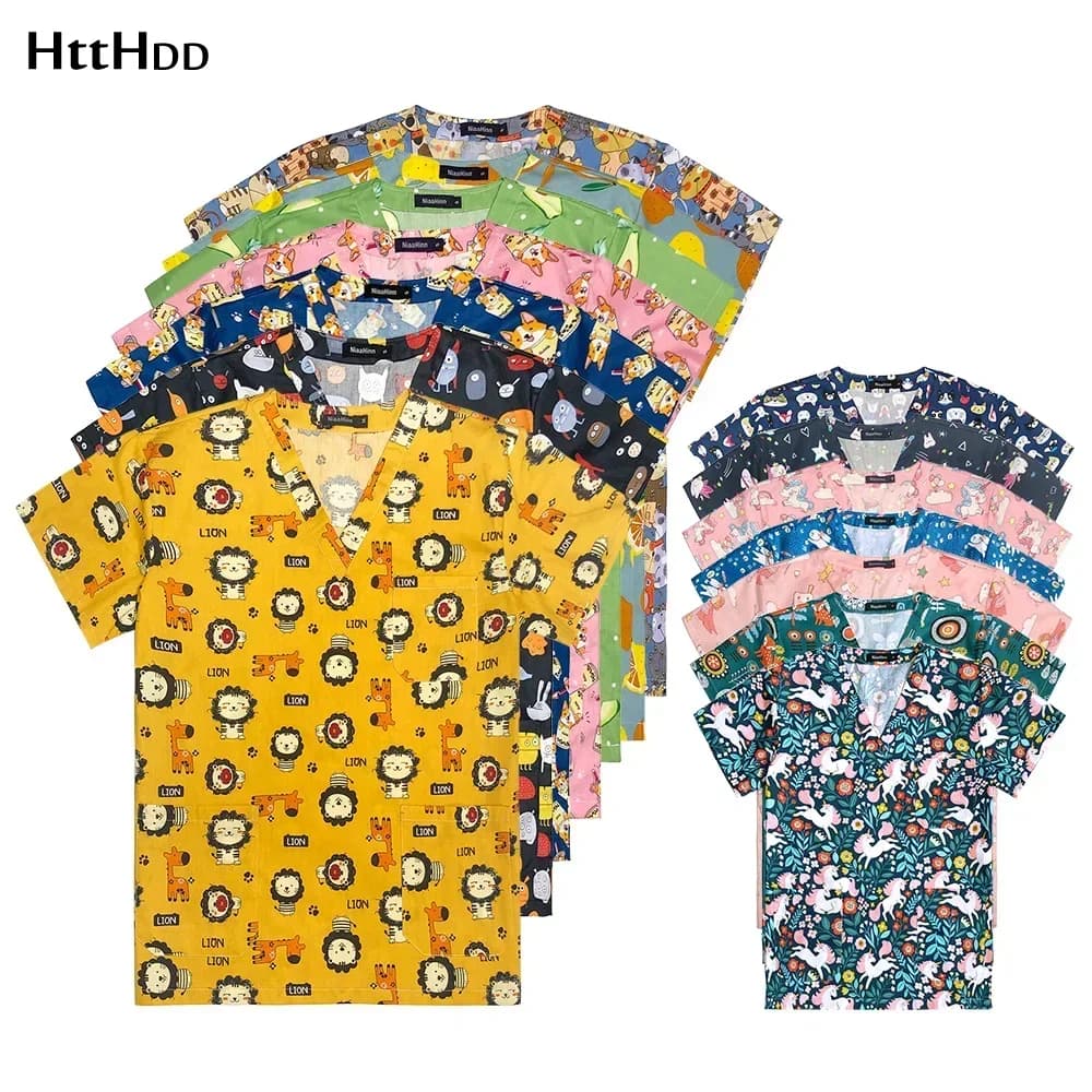 Hospital Nurse Uniforms Women Medical Uniform Print Scrub Top Cotton Dental Clinic Work Clothes Mens Scrubs Short Sleeved Jacket