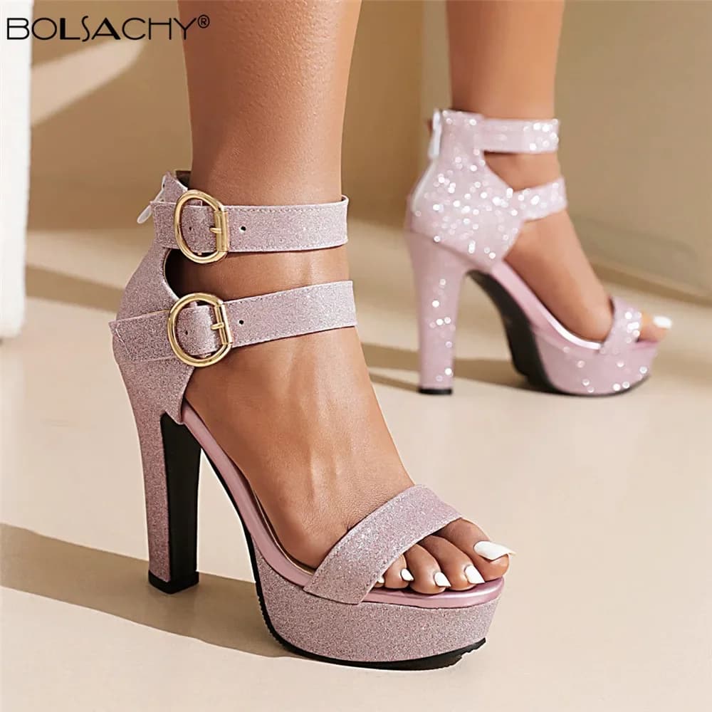 Shoes Women Purple Gold Platform Sandals 2024 Thick Sole Pumps High Heels Ladies Ankle Strap Buckle Summer Sequin Cloth Sandalia